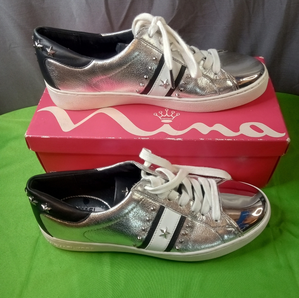 Micheal Kors Metallic Silver and Black Frankie Striped Sneakers